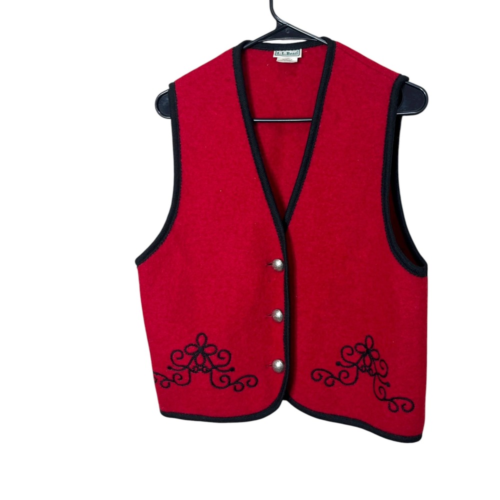 Vintage L.L.‎ Bean Wool Vest Women's Medium Red Black Embroidered Sleeveless